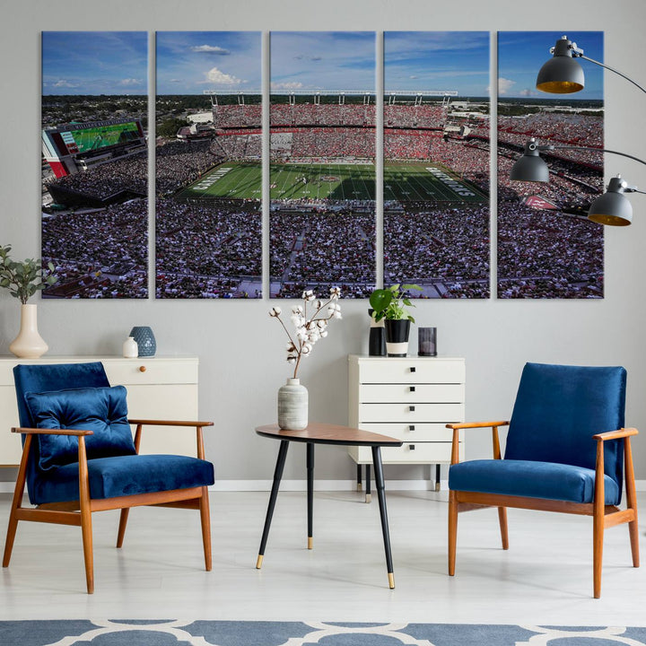 The wall art is a South Carolina Gamecocks print, showcasing Williams-Brice Stadium from a distance under clear skies.