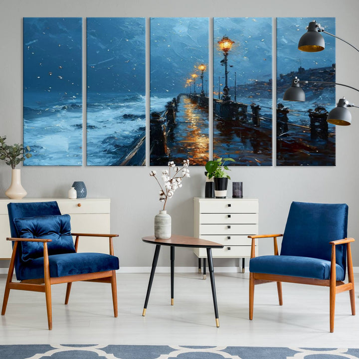 Framed 3-Panel Seaside Night Pier Oil Painting Canvas Wall Art | Ready to Hang Coastal Landscape Art for Modern Living Room, Office, or Bedroom Decor