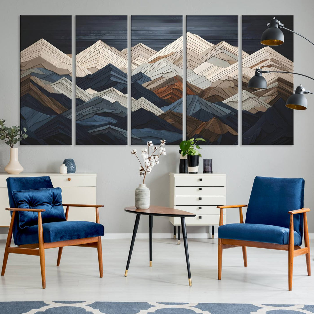 A modern living room features a Mountain Canvas Print.