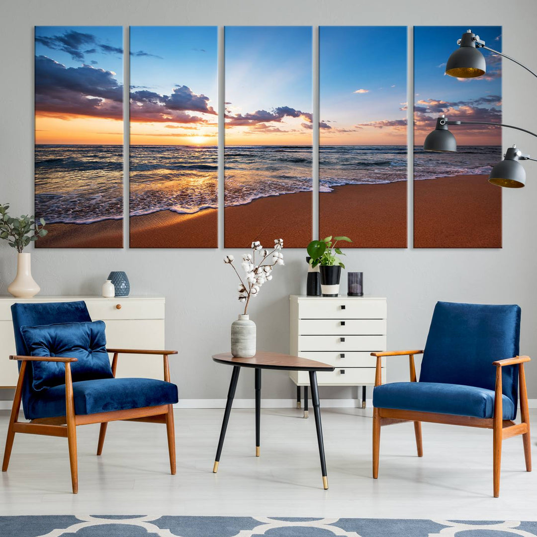 Golden Hour Beach Sunset Wall Art | Canvas Print | Ready to Hang | Coastal Wall Art for Living Room