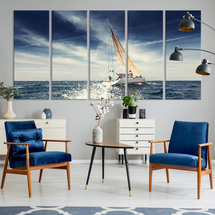 Sailboat Ocean Beach Blue Sky Wall Art Canvas Print