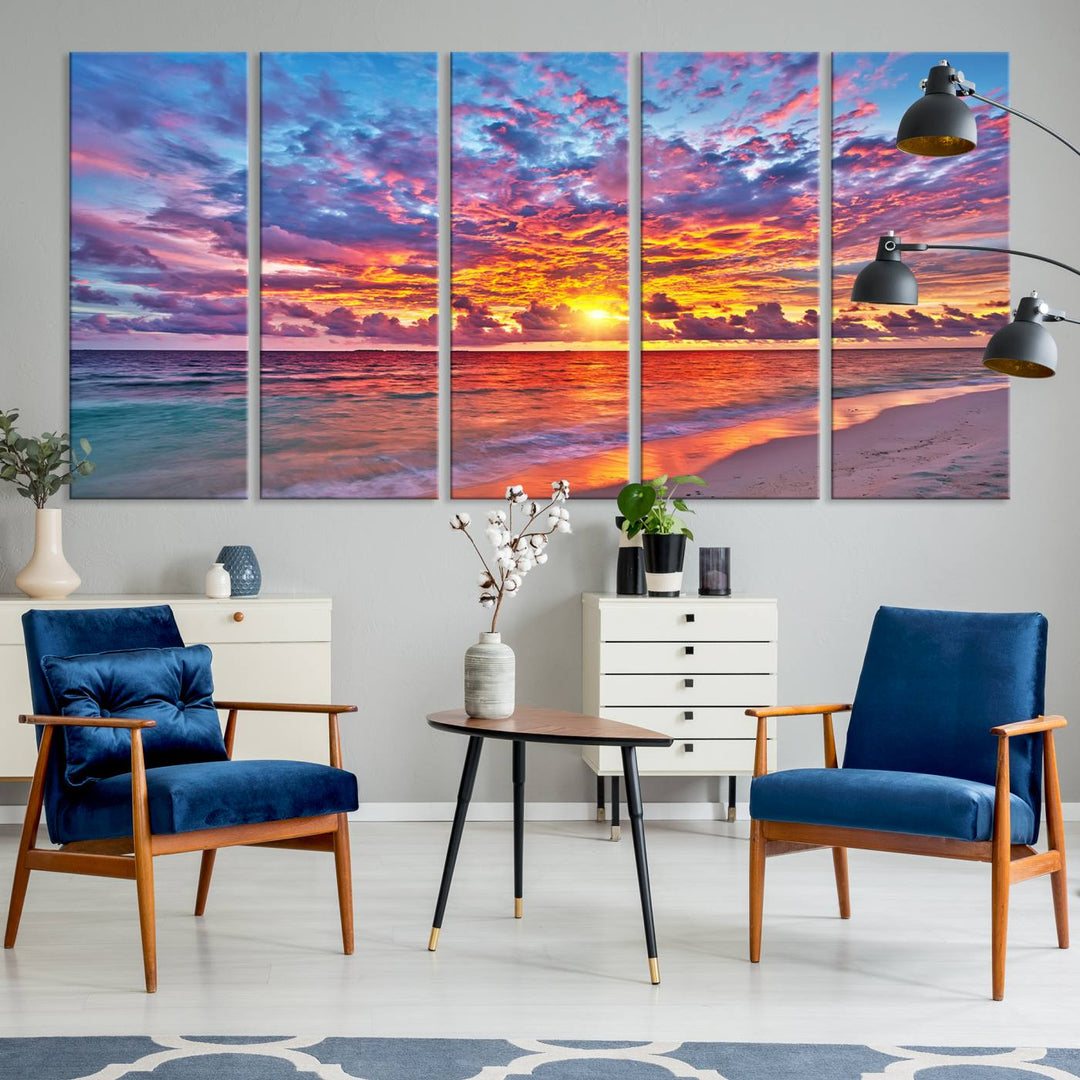 Vibrant Sunset Beach Wall Art | Ocean Sunset Canvas Print | Coastal Wall Art Decor | Ready to Hang | Stunning Sunset Scene for Home or Office Decor