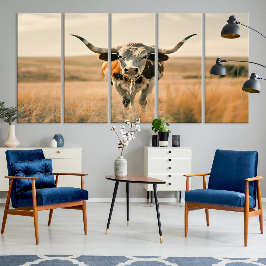 The Texas Cow Longhorn Wall Art Canvas adds rustic charm to the decor.