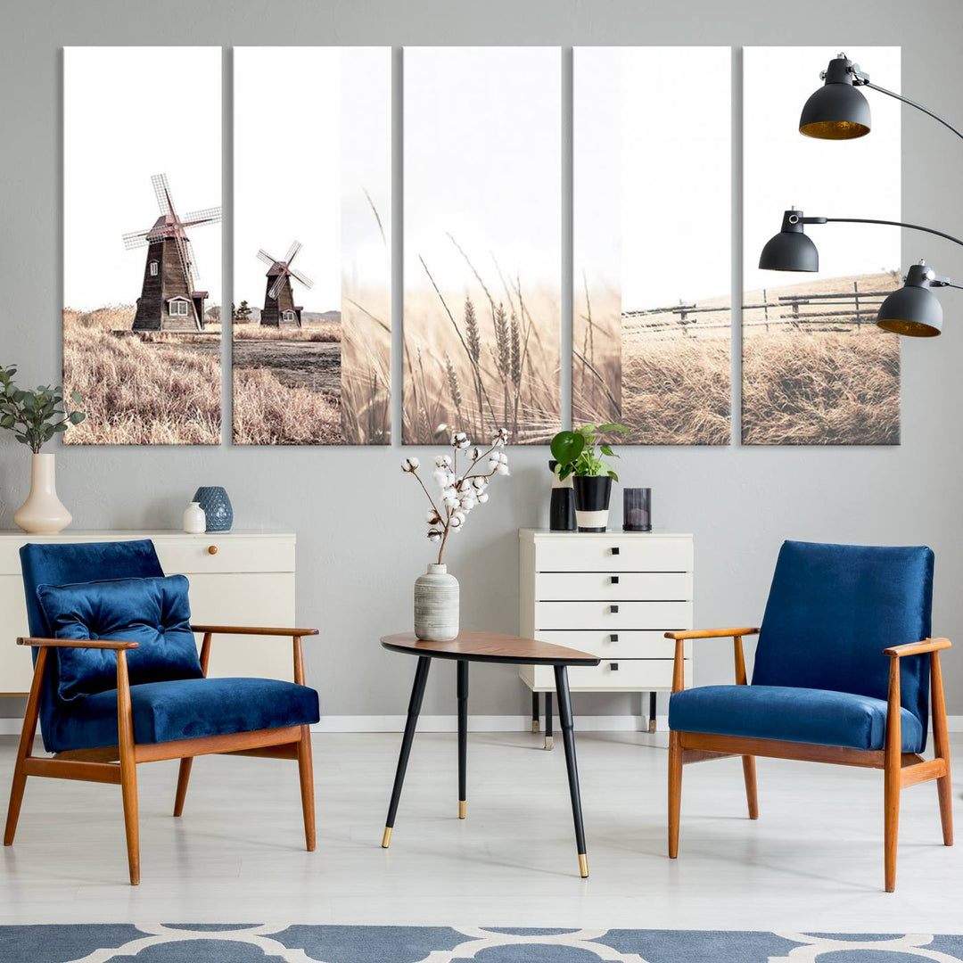 Farmhouse wall art set: 3 giclee canvas prints featuring windmills and wheat fields.