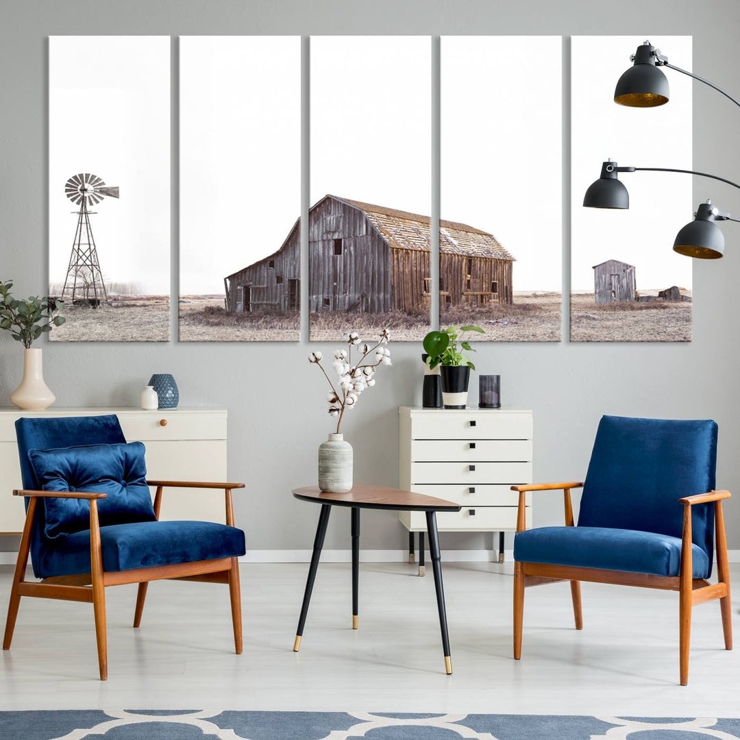 The Set of 3 Rustic Farmhouse Wall Art Prints features a barn, wheat field, and landscape.