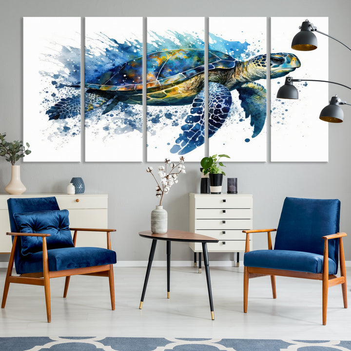 The Turtle Wall Art Print, featuring blue splashes, beautifully showcases Ocean Life.