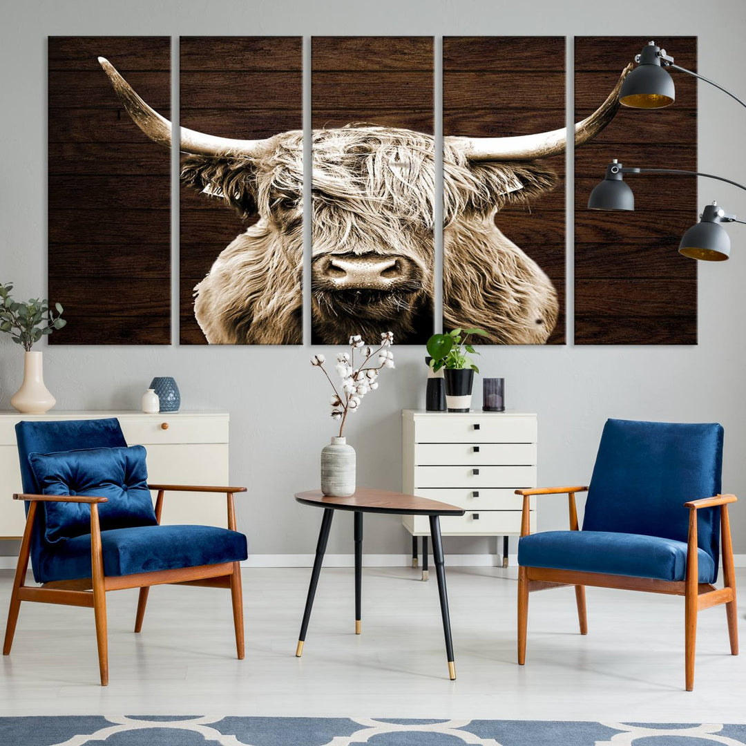 Highland Cow Wall Art Canvas Print, Rustic Farmhouse Decor, Majestic Scottish Highland Bull Portrait for Living Room – Ready to Hang