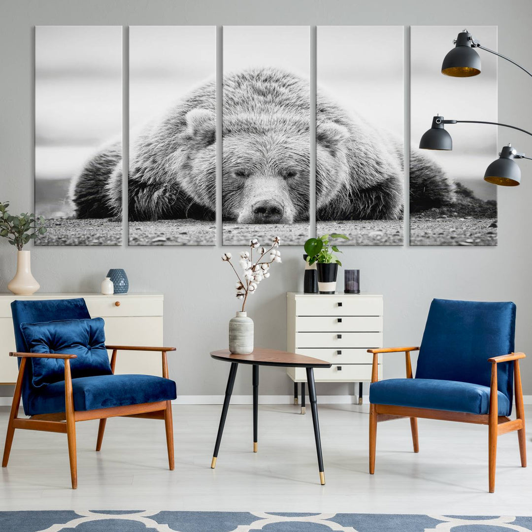 Resting Grizzly Bear wall art displayed in a modern room.