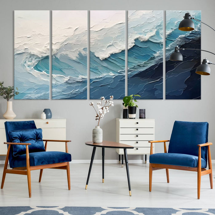 The Blue Abstract Wave Ocean Wall Art Canvas Print hangs prominently.