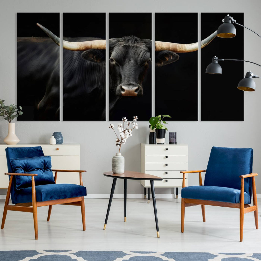 Texas Longhorn Cow | Majestic Black Bull Wall Art Canvas Print - Farmhouse Animal Decor - Ready to Hang