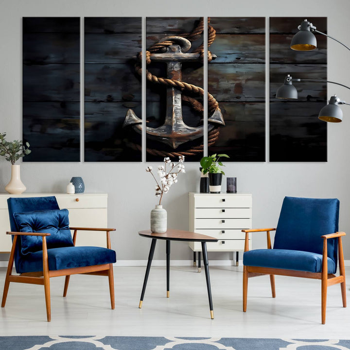 The wooden wall displays a 3 Panel Grunge Abstract Anchor Wall Art Canvas Print Set.