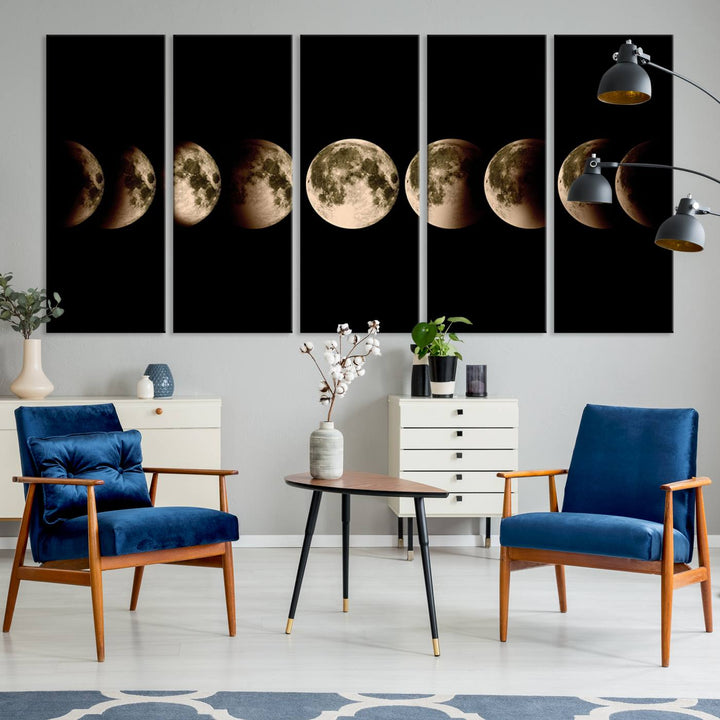 The "Phases of the Moon Wall Art" canvas print elegantly hangs on the wall.