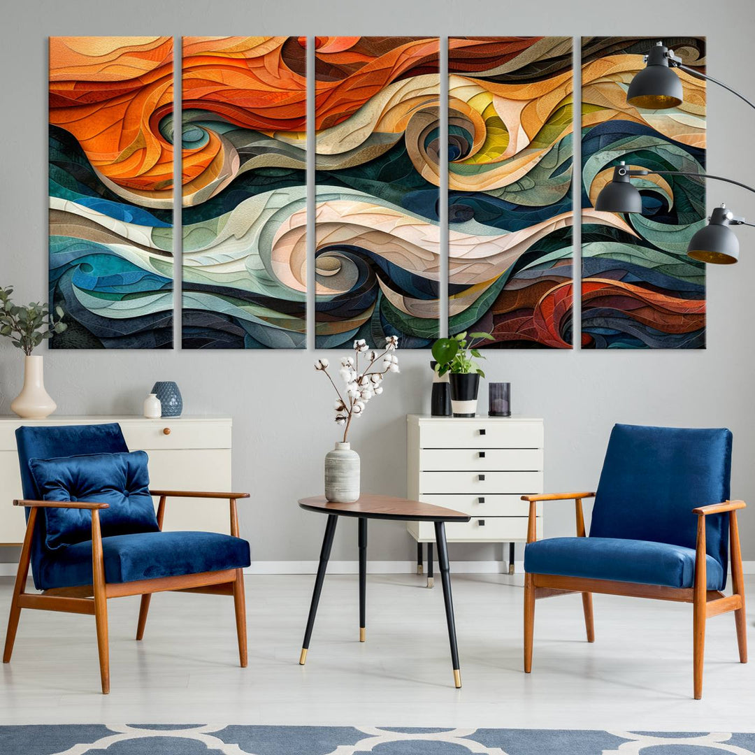 Abstract Wave Wall Art is a ready-to-hang framed canvas print featuring swirling orange, blue, and white patterns. It's perfect for adding vibrant decor to modern spaces.