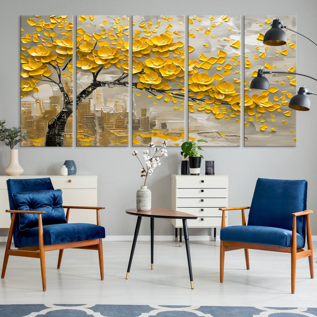 Yellow Blossom Tree Canvas Wall Art, featuring a floral abstract modern design, is elegantly displayed against a dark wall. This sophisticated piece enhances the contemporary aesthetic of the space.