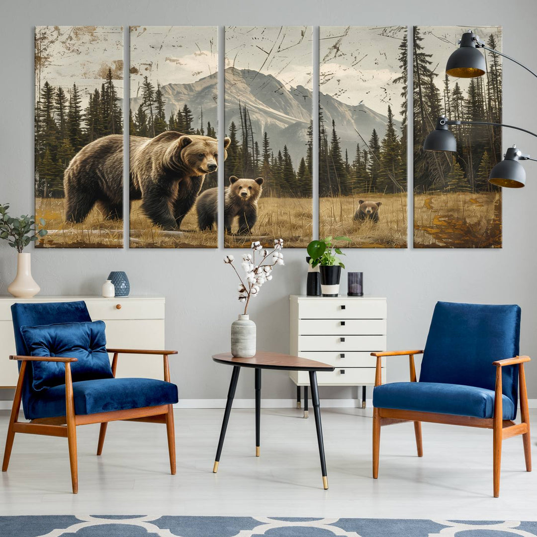 Displaying the Rustic Grizzly 399 Bear Family Wall Art Canvas Print in a modern living space adds remarkable charm. This triptych piece showcases a bear family in the forest, printed on museum-quality canvas and ready to hang, seamlessly enhancing your decor with its striking detail and elegance.