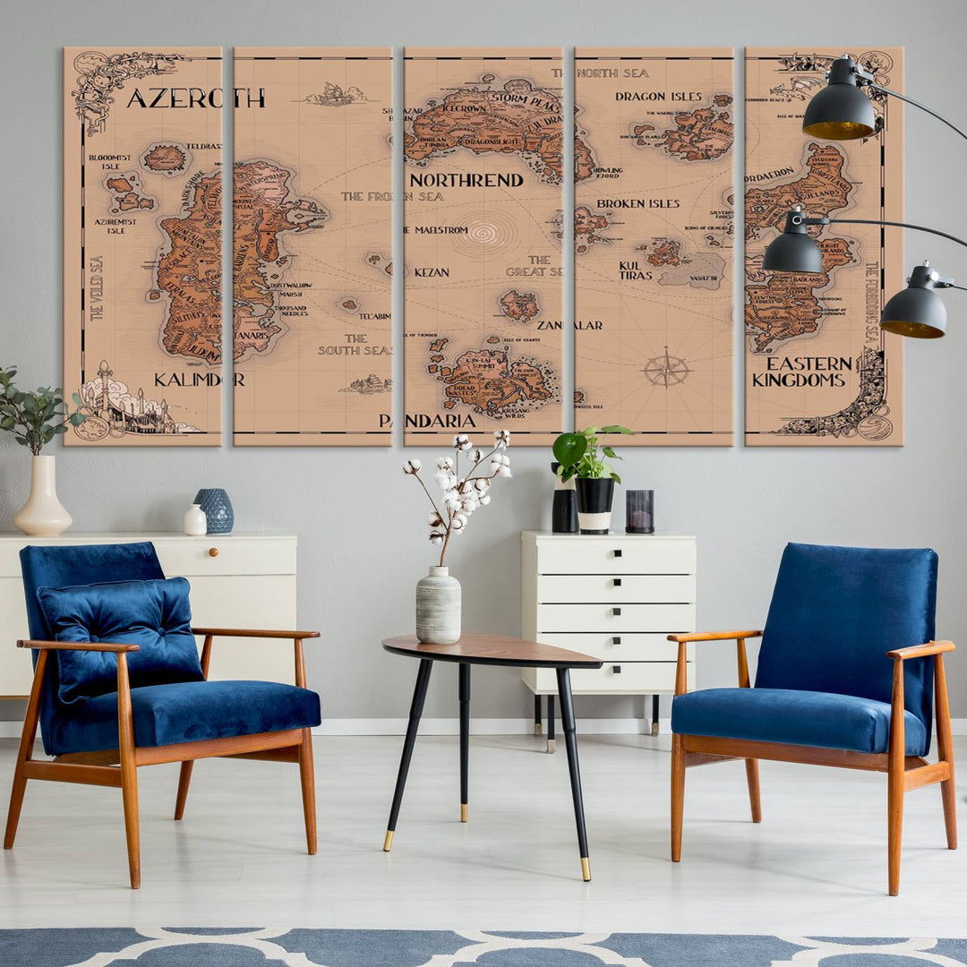 The Vintage Azeroth World Map Canvas Print, a stunning three-piece set, enhances the space with its vintage charm, perfectly complementing your gaming decor.