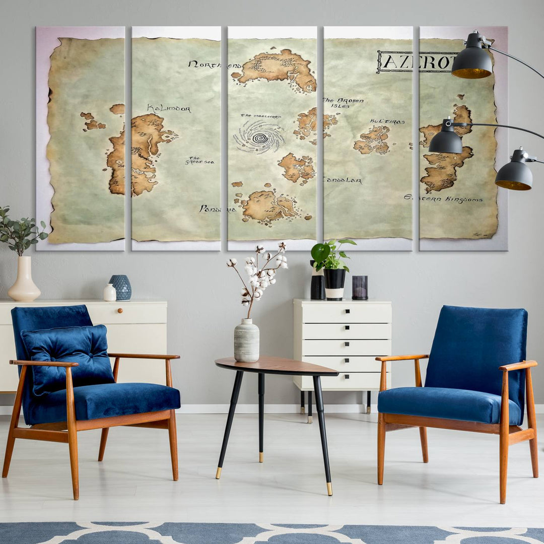 The Azeroth World Map Wall Art Canvas Print, a three-panel vintage piece, brings a cozy fantasy gaming atmosphere to the room.