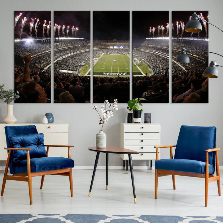 The living room features a spectacular Philadelphia Eagles Football Team Print. This wall art canvas print of Lincoln Financial Field at night captures a Philadelphia Eagles game under the dazzling brilliance of fireworks, making it an eye-catching centerpiece.