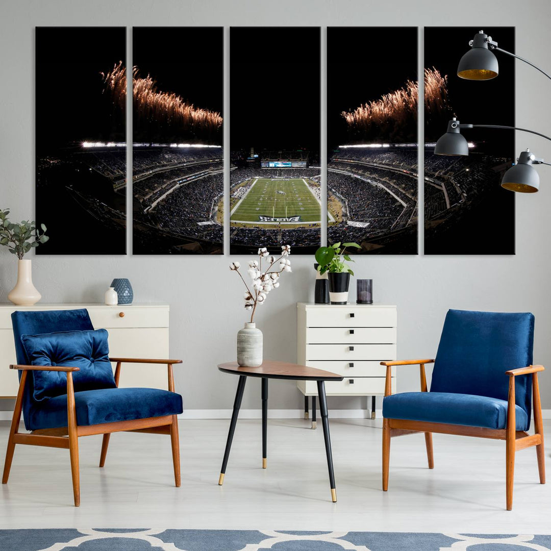 Eagles Stadium Wall Art depicting a nighttime game and fireworks at Lincoln Financial Field.