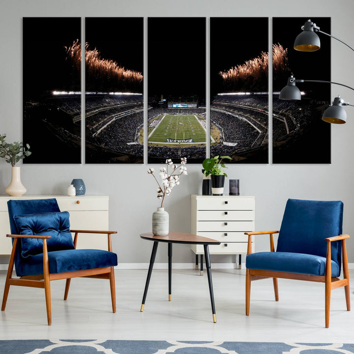 A stunning triptych wall art featuring the Philadelphia Eagles Football Team Print, capturing Lincoln Financial Field with spectacular fireworks.