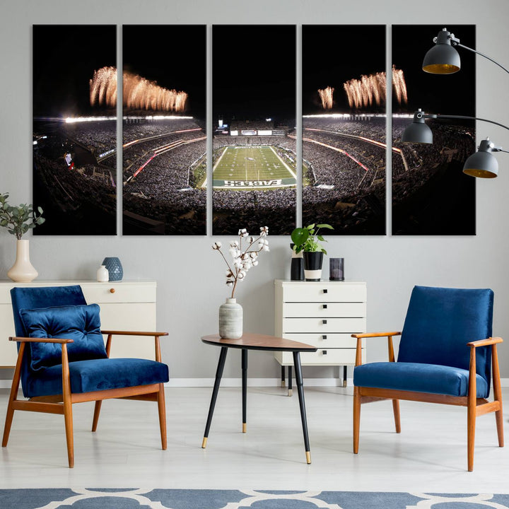 Experience the breathtaking Lincoln Financial Field Fireworks Game captured in this triple canvas wall art. A must-have for any Philadelphia Eagles fan!