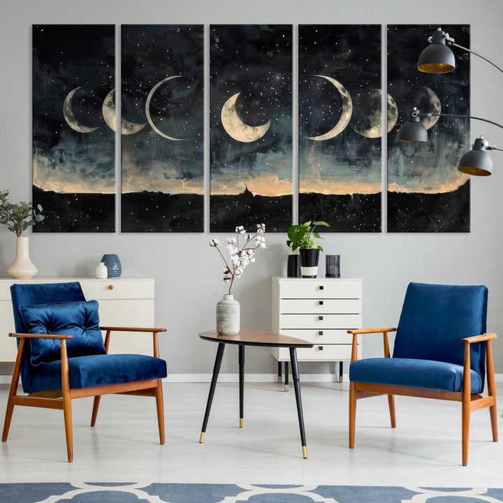 The "Phases of the Moon Wall Art," a framed canvas series capturing the celestial beauty of lunar cycles against a starry night, adds an elegant touch to the contemporary dining room.