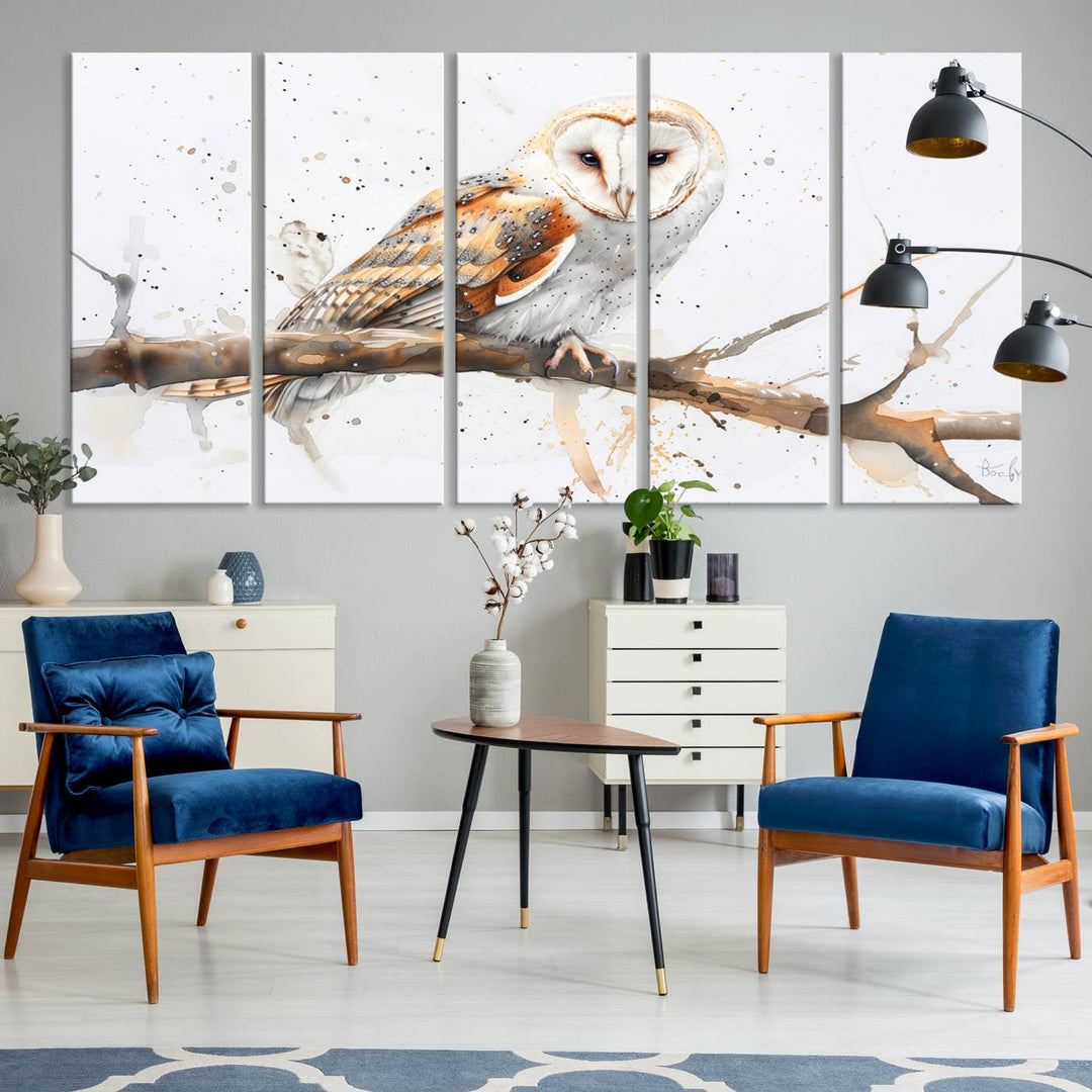 Introduce the tranquility of nature into your home with this stunning canvas print, featuring a Barn Owl on a branch. This triptych wall art, ready to hang and elegantly framed, is perfect for nature lovers seeking serene decor pieces.