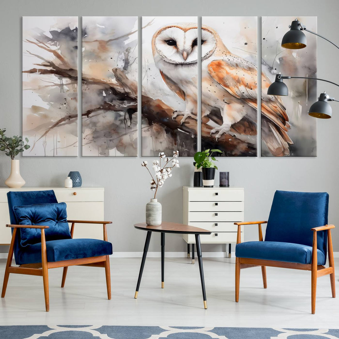 The Barn Owl Wall Art, a watercolor canvas print, elegantly adorns the wall in a modern living room, seamlessly merging farmhouse wall decor with contemporary style.