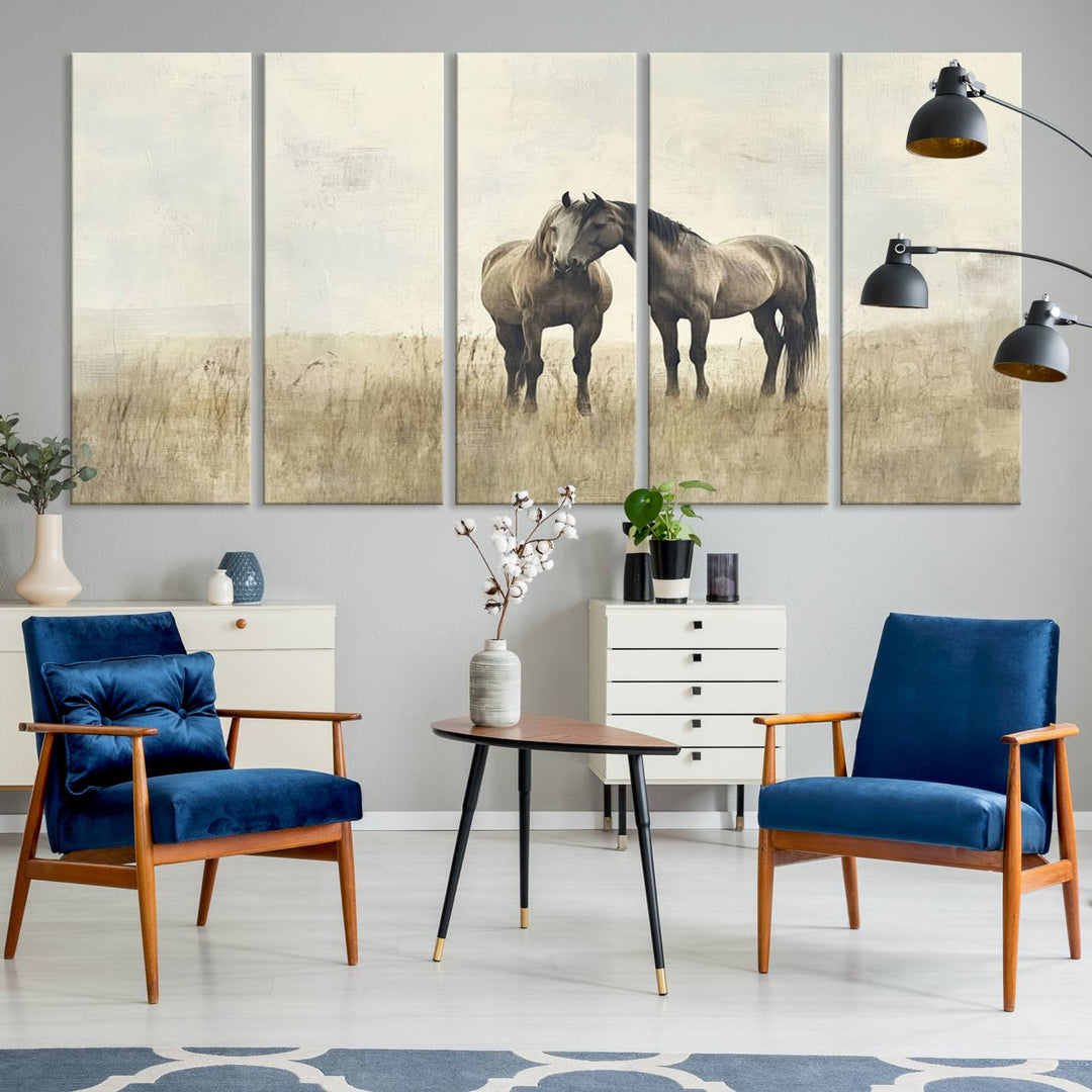 The Chinese Style Grunge Horses Wall Art Canvas Print, featuring a three-panel design of two horses in a misty field, is crafted on museum-quality canvas using high-resolution printing and hangs elegantly.