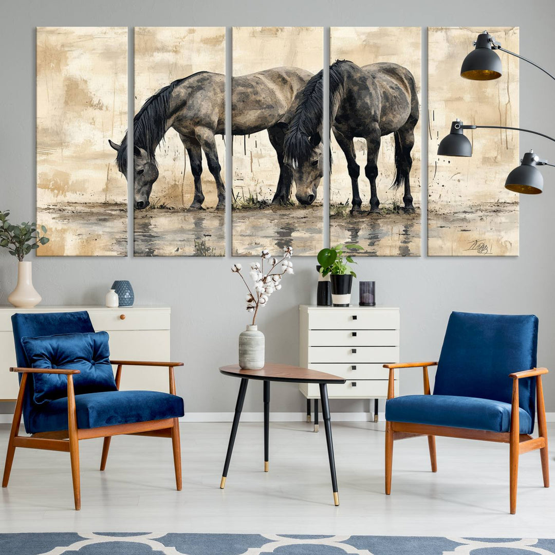 Chines Ink Style Black Horses Wall Art Canvas Print features a triptych painting of two horses drinking at the water's edge.