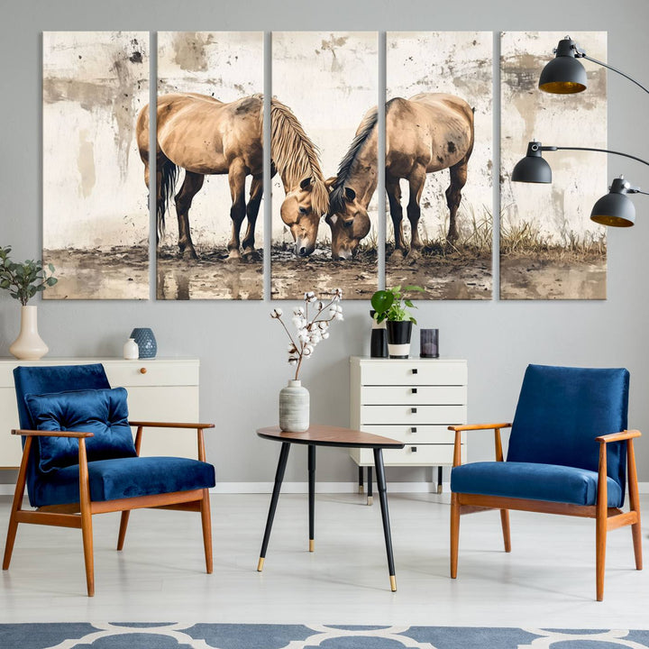 The Vintage Horses Wall Art, a ready-to-hang and framed triptych, beautifully captures two horses gracefully grazing. It perfectly complements the rustic charm of western farmhouse wall decor.