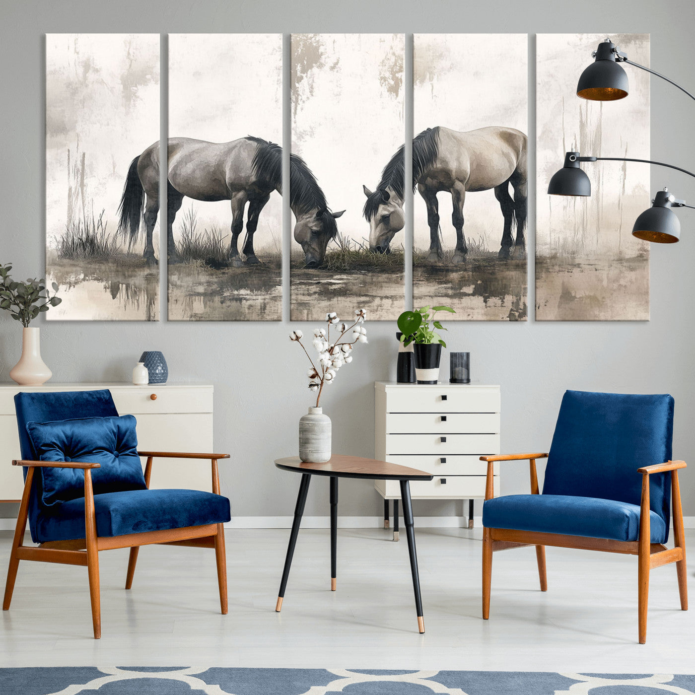 35494-MGV-CV-36X24-Chines Ink Style Vintage Horses Wall Art Canvas Print for Farmhouse Wall Decor