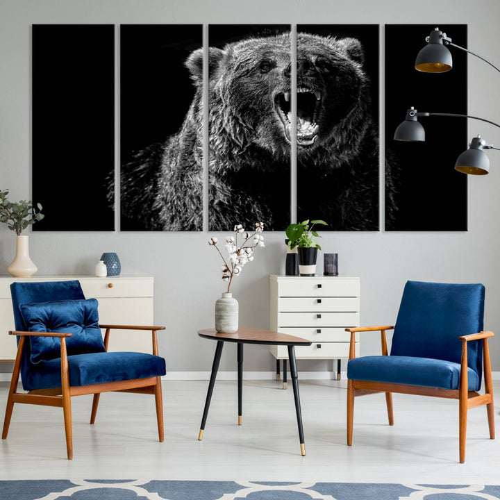 A striking Bear Canvas Print, perfect for cabin decor and ready to hang, is displayed in the modern living room, adding a touch of wildlife art to the sleek design.