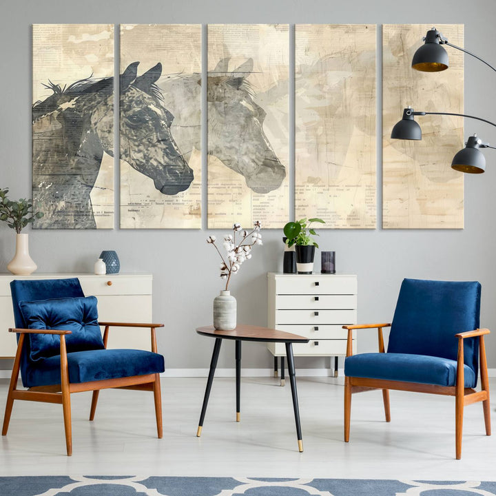 The Abstract Horse Canvas Print in muted tones, a modern farmhouse wall art piece that's ready to hang framed, elegantly decorates the space.