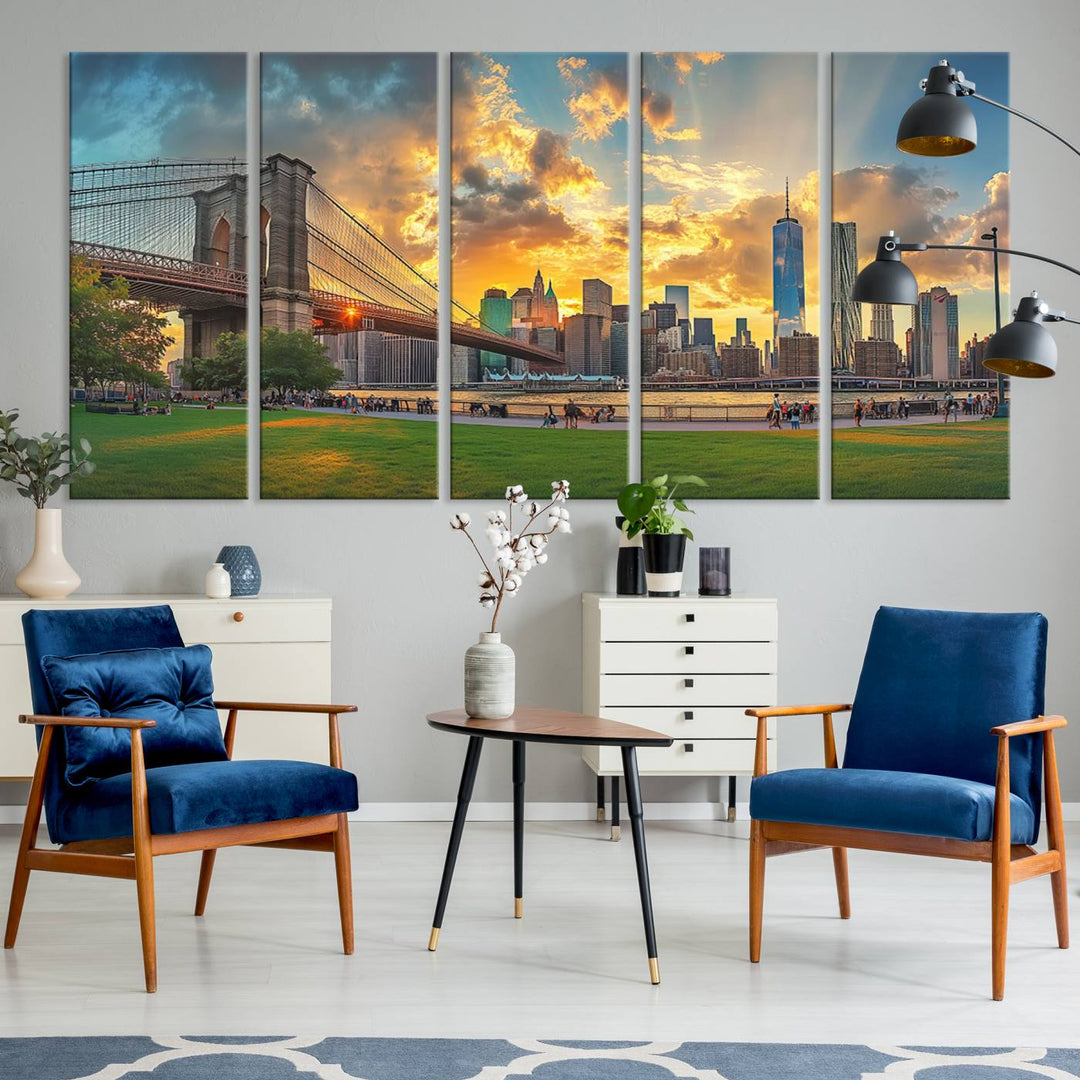 The "Brooklyn Bridge New York Skyline Wall Art" is a ready-to-hang framed canvas print that beautifully captures the cityscape at sunset, showcasing the iconic Brooklyn Bridge and majestic skyscrapers.