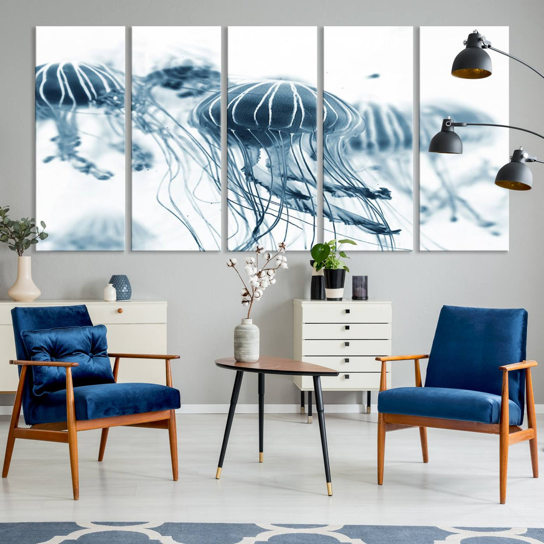 The Abstract Jellyfish Wall Art Canvas Print, a three-panel piece featuring high-resolution printing, hangs elegantly in the room, adding vibrant detail to the space.