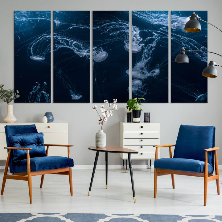 Room with modern decor, featuring the Abstract Jellyfish in Ocean Wall Art Canvas Print on museum-quality canvas.