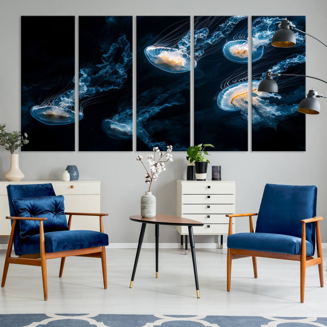 The "Jellyfish Wall Art Canvas Print," featuring a sea-themed design of glowing jellyfish, is displayed in high-resolution on museum-quality canvas.