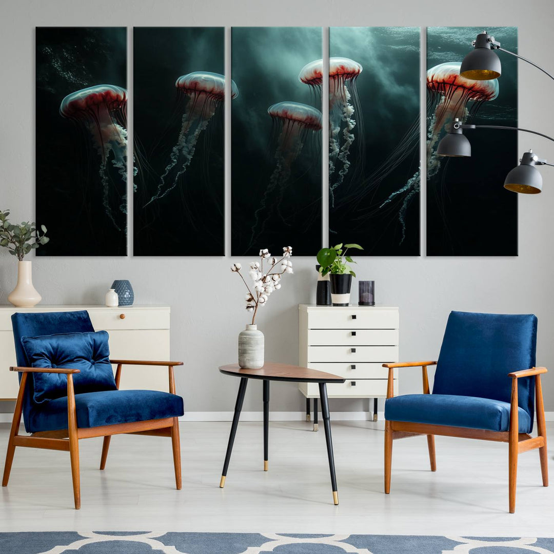 The Abstract Jellyfish Wall Art Canvas Print, framed in the USA and showcased on museum-quality canvas with high-resolution printing, adds a decorative touch to the space.