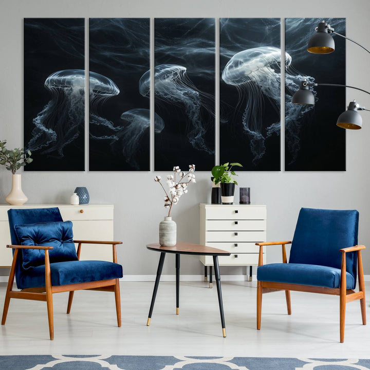 The Jellyfish Wall Art Canvas Print features glowing jellyfish in vibrant colors on museum-quality canvas.