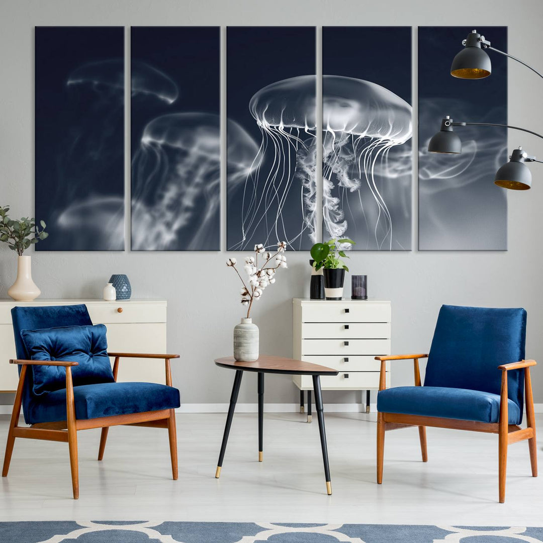 A stunning Jellyfish Wall Art Canvas Print showcases museum-quality canvas through high-resolution printing.