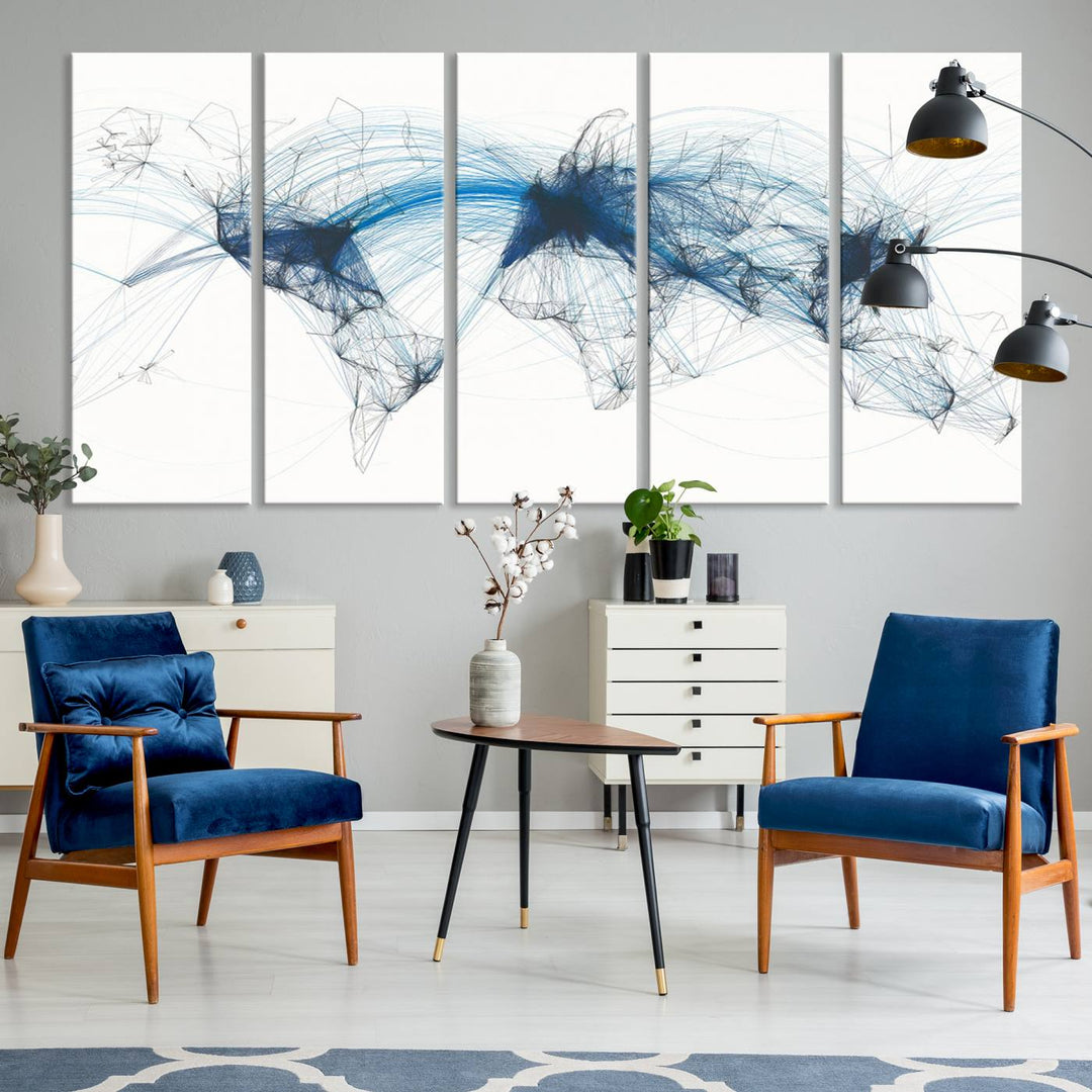 The Aviation Flight Map Wall Art is a set of three abstract panels featuring a world map with blue lines, resembling a flight map. Ideal for aviation enthusiasts, this ready-to-hang framed air traffic art print enhances the appeal of modern decor.