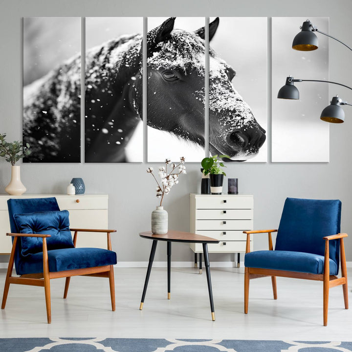 A set of Winter Horse Snow Wall Art Canvas Prints hangs, creating the perfect touch of Rustic Cabin Decor.