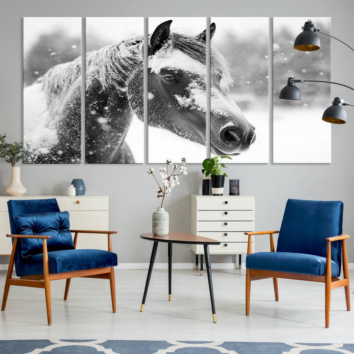 The Black Horse Winter Wall Art, framed and ready to hang, is beautifully displayed as farmhouse and western wall decor.