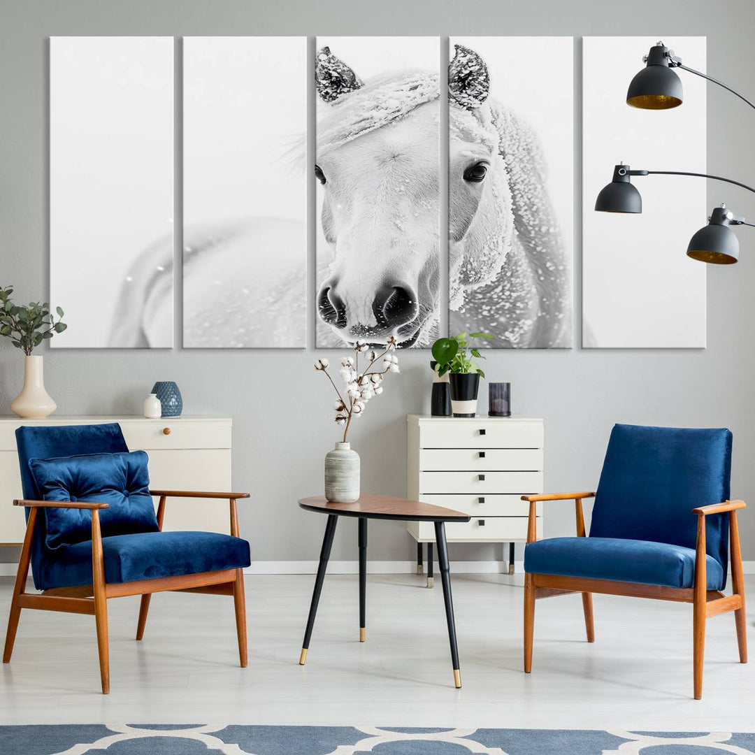 The dining room features the Majestic White Horse Wall Art, adding to its rustic charm.