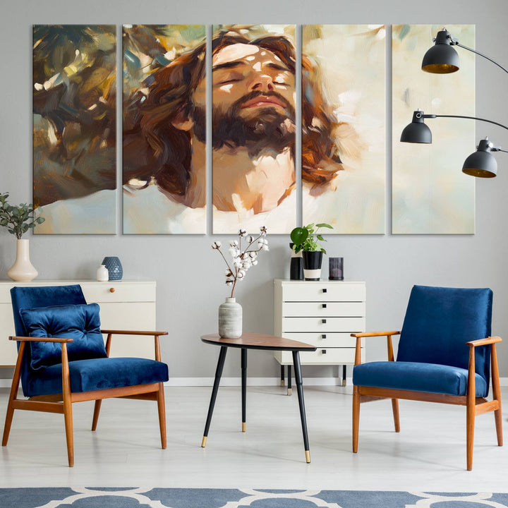 The Jesus Portrait Wall Art Canvas Print features a depiction of Jesus Christ with closed eyes, basking in sunlight. His expression exudes a peaceful, spiritual atmosphere against a blurred background.