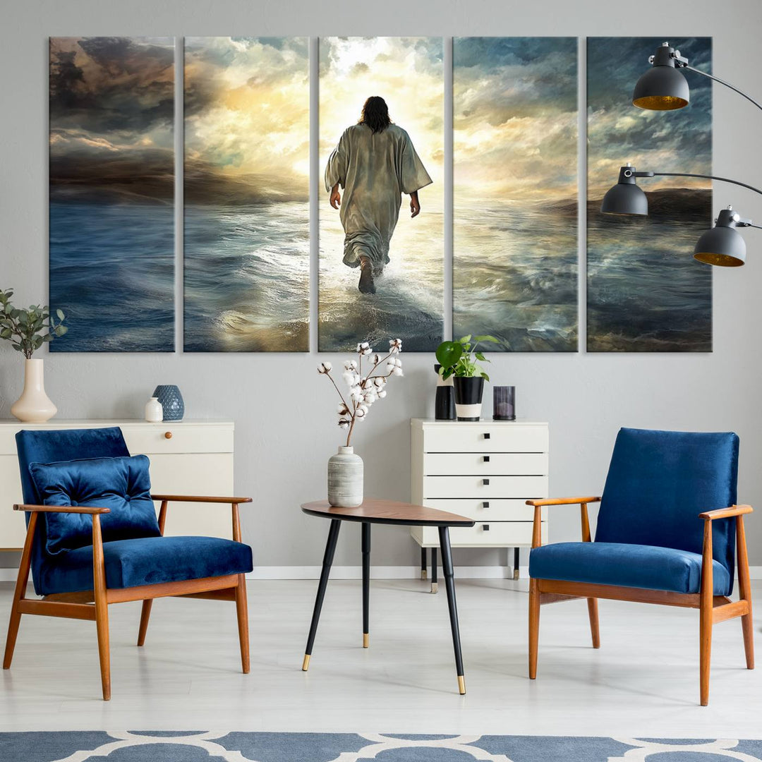 The Jesus Walking on Water Wall Art, a captivating triptych canvas print, showcases a person walking on water beneath dramatic clouds. This ready-to-hang piece seamlessly combines faith and style for your Christian home decor.