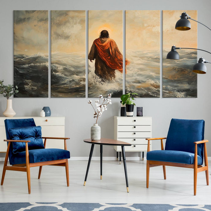 This triptych wall art, titled "Jesus Walking on Water," presents a figure in a red cloak crossing turbulent seas. It is perfect for those looking for religious home decor with a contemporary flair.