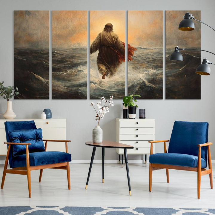 A modern living room is adorned with a triptych titled "Jesus Walking on Water, Christian Wall Art, Jesus Christ Walking on Oil Painting Style Print." The artwork, presented on museum-quality canvas, showcases vibrant colors and exquisite detail.