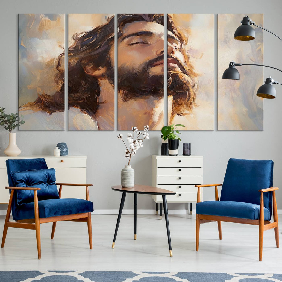 This museum-quality canvas print, titled "Jesus Portrait," features an oil painting style depiction of Jesus Christ with a closed-eyed expression. The high-resolution printing captures every detail beautifully.